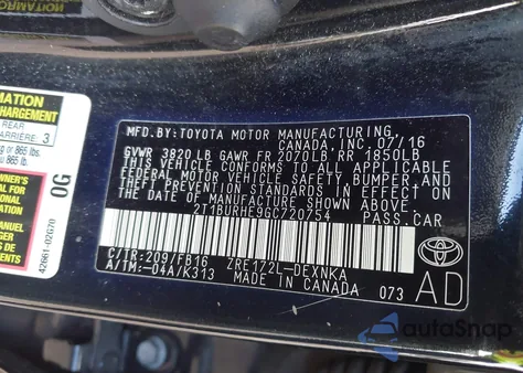 2016 Toyota Corolla Le из США, поврежденный, VIN 2T1BURHE9GC720754